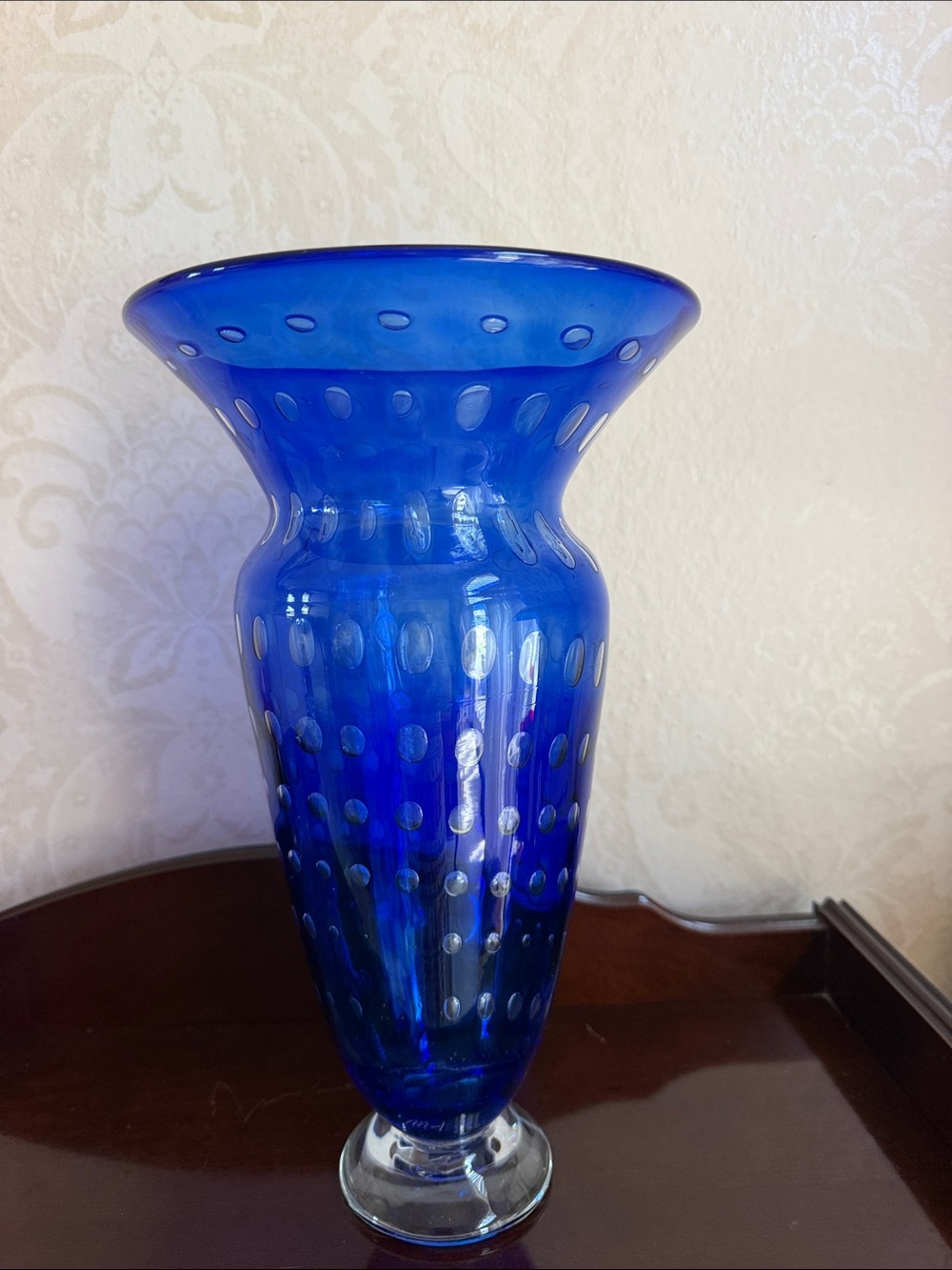 Large hand blown Cobalt Blue Art Glass Dot Pattern Vase